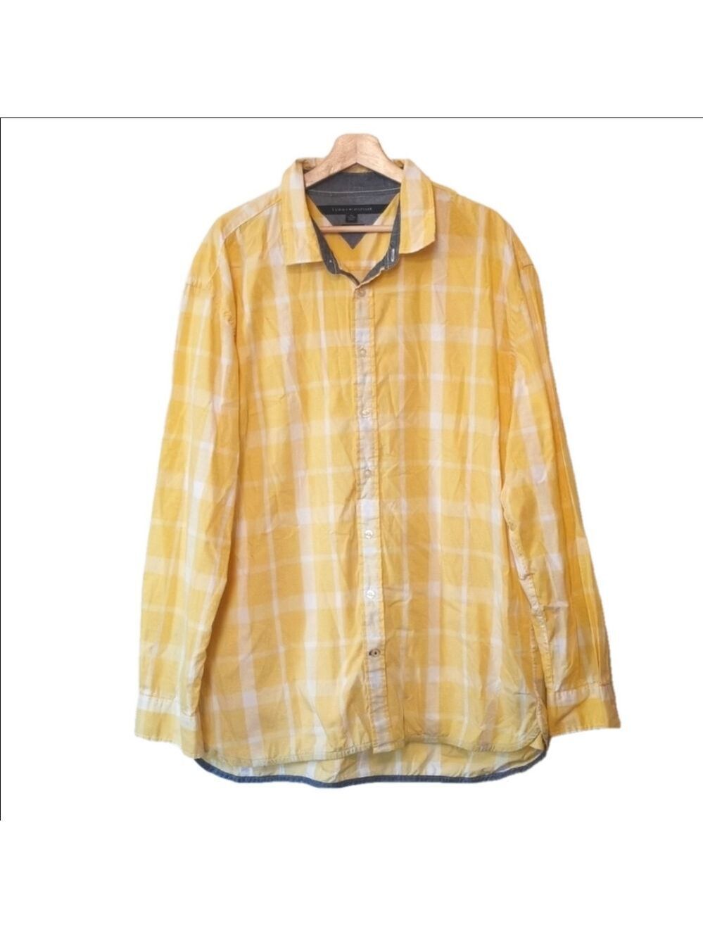 Mens Tommy Hilfiger Yellow check button up long sleeve shirt. XXL Custom fit.